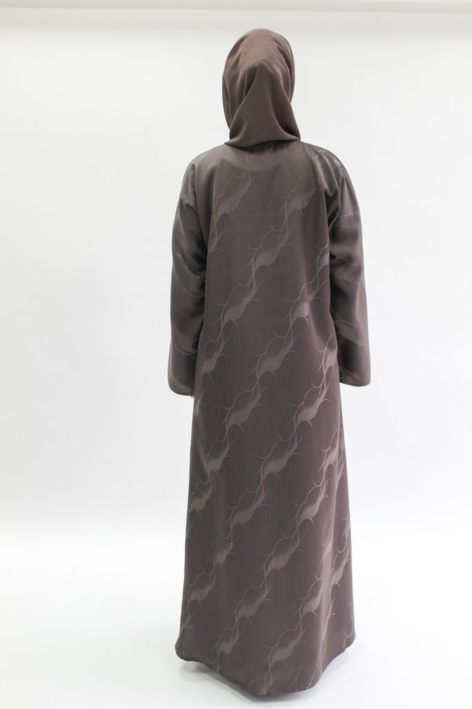 Dark Mink Open Abaya – Patterned Design with Straight Sleeves
