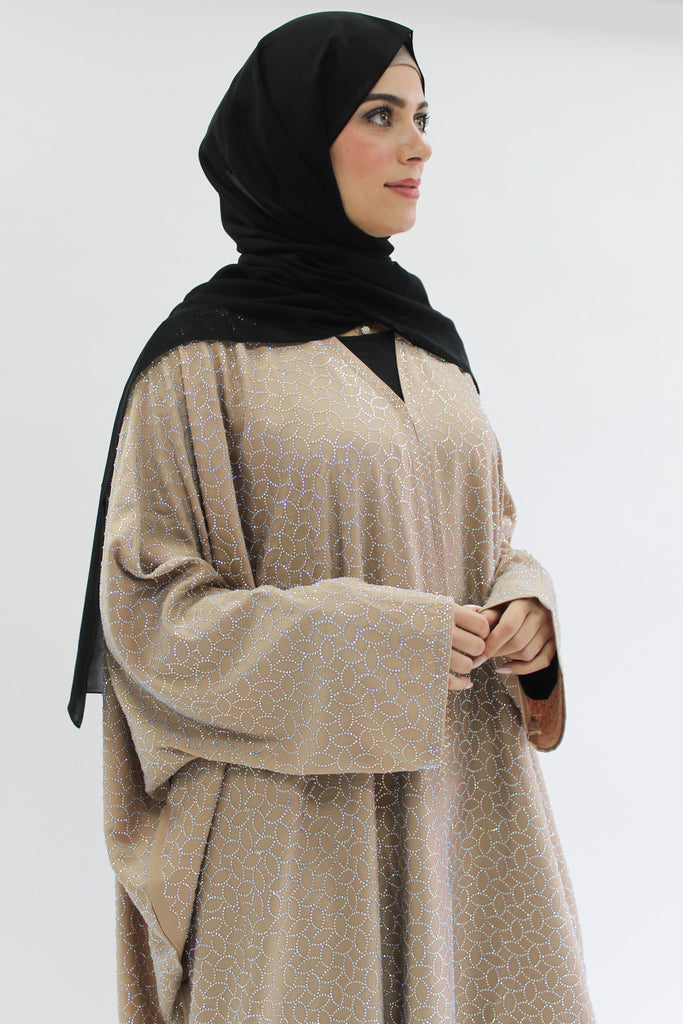 Dark Beige Open Abaya – Geometric Batwing Design with Contrast Detailing