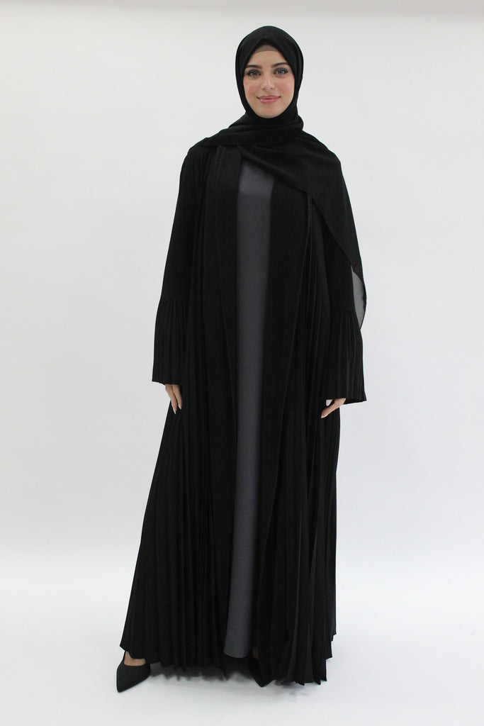 Black Open Abaya – Luxury Pleated Design