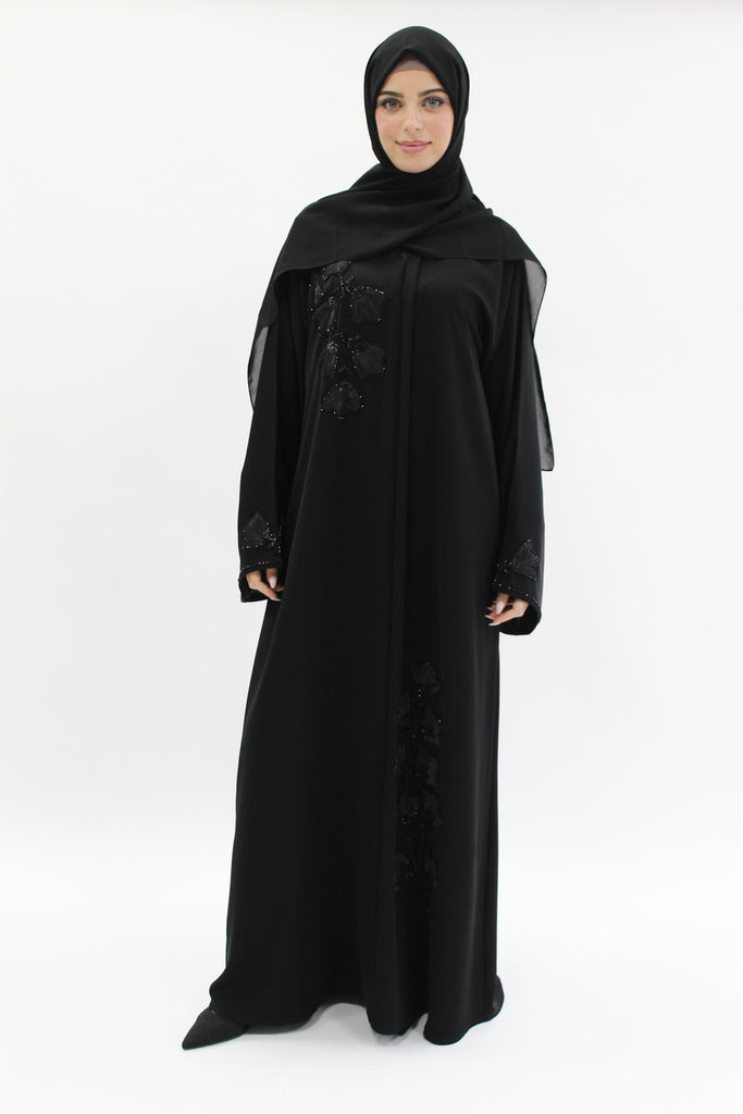 Black Open Abaya - 3D Floral Detailing and Beadwork