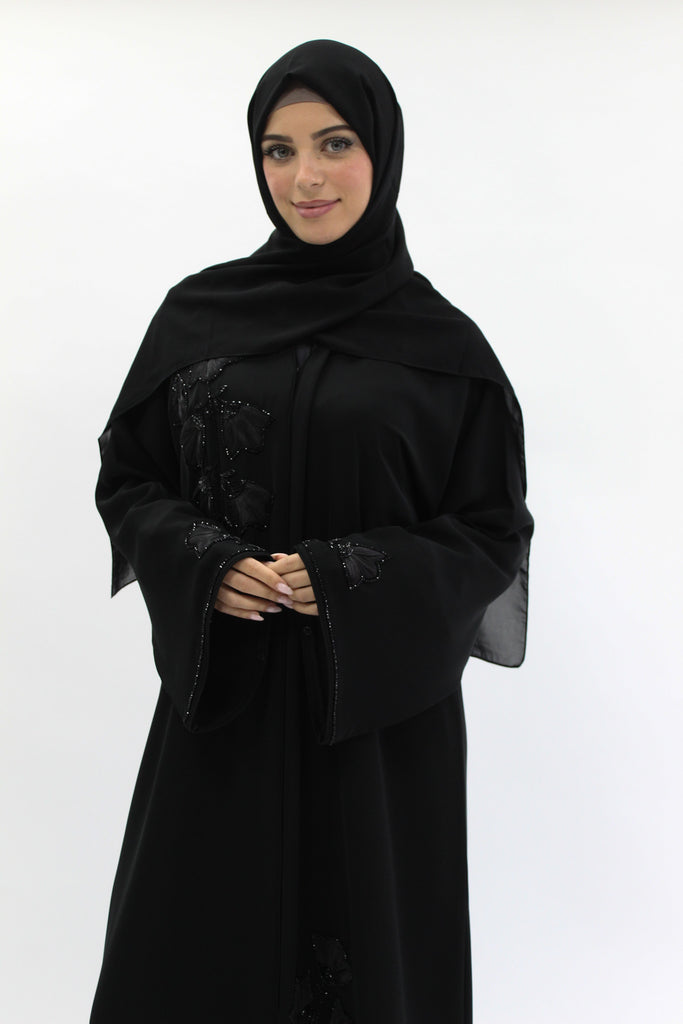 Black Open Abaya - 3D Floral Detailing and Beadwork