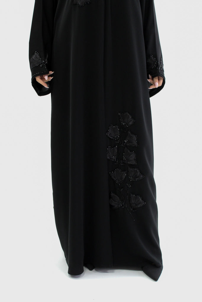 Black Open Abaya - 3D Floral Detailing and Beadwork