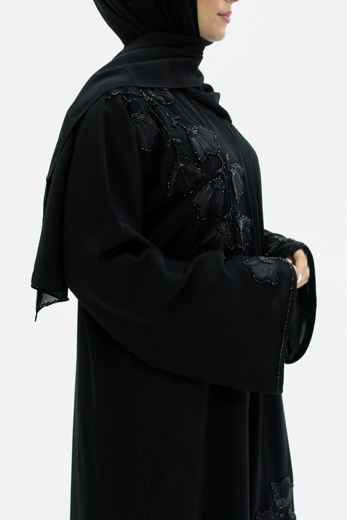 Black Open Abaya - 3D Floral Detailing and Beadwork
