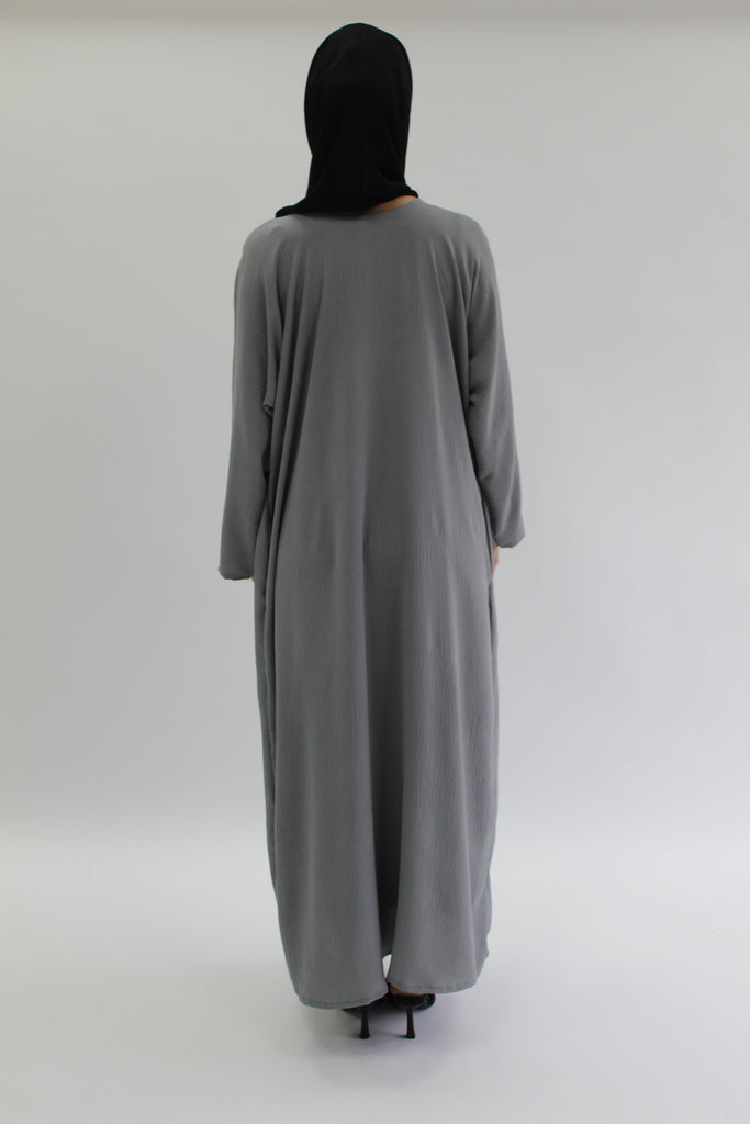 Grey Closed Abaya – Crushed Polyester with Pocket