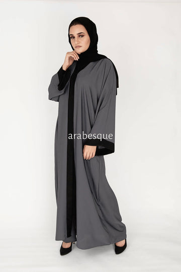 Steel Grey Black Border Plain Nidha Open Abaya