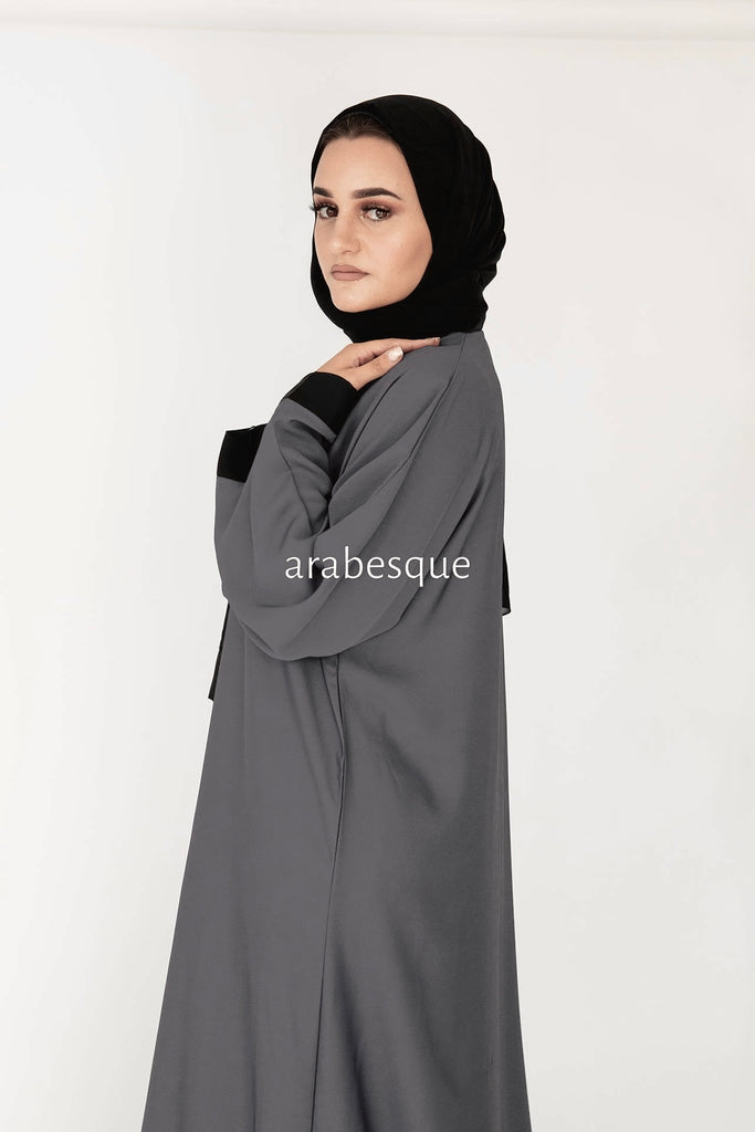 Steel Grey Open Abaya – Plain Nidha Design with Black Border