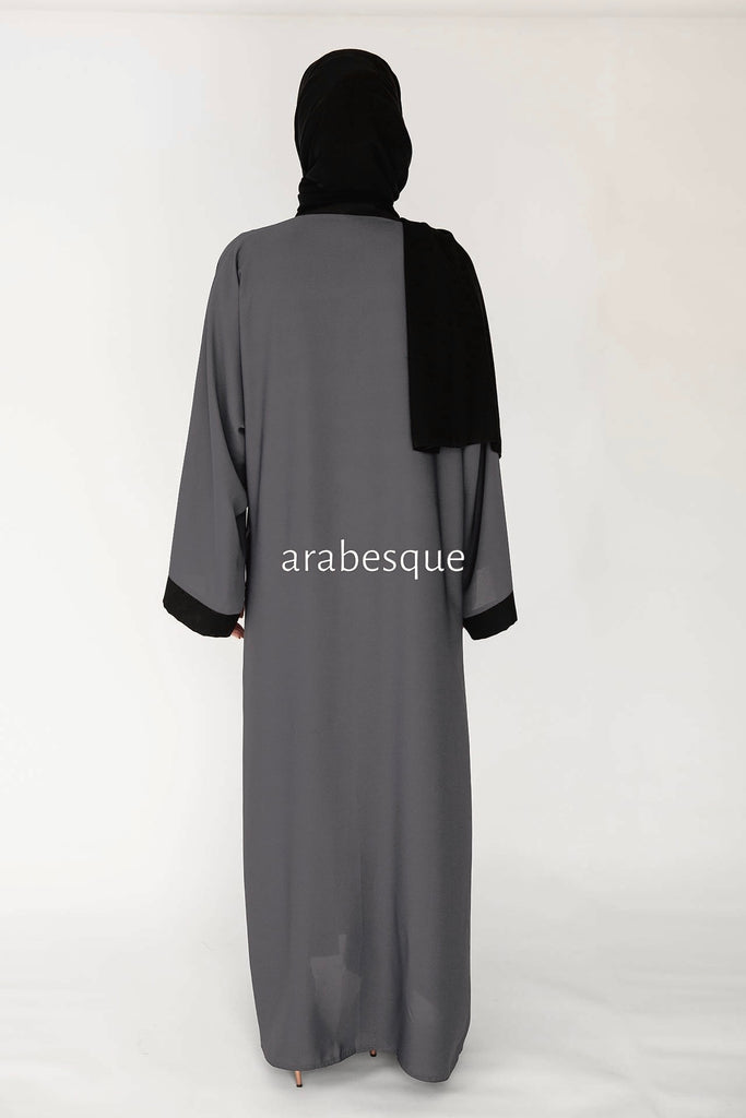 Steel Grey Open Abaya – Plain Nidha Design with Black Border