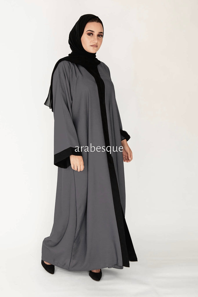 Steel Grey Open Abaya – Plain Nidha Design with Black Border