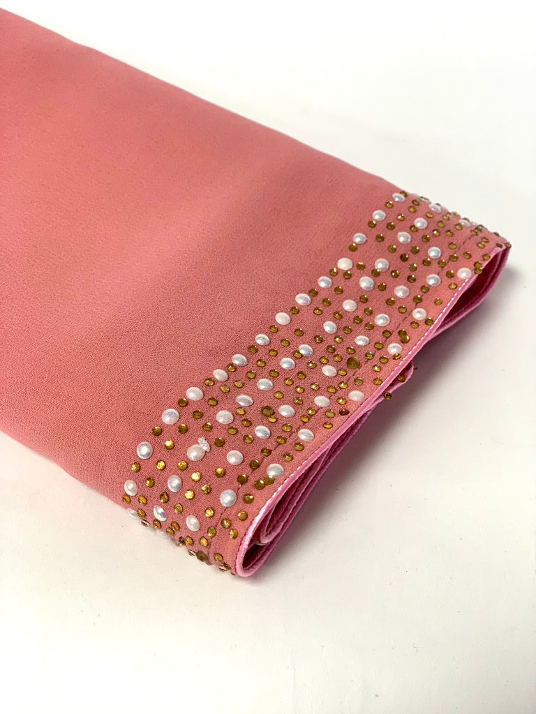 Luxury Blush Chiffon Closed Abaya with Golden Pearl & Diamante Cape