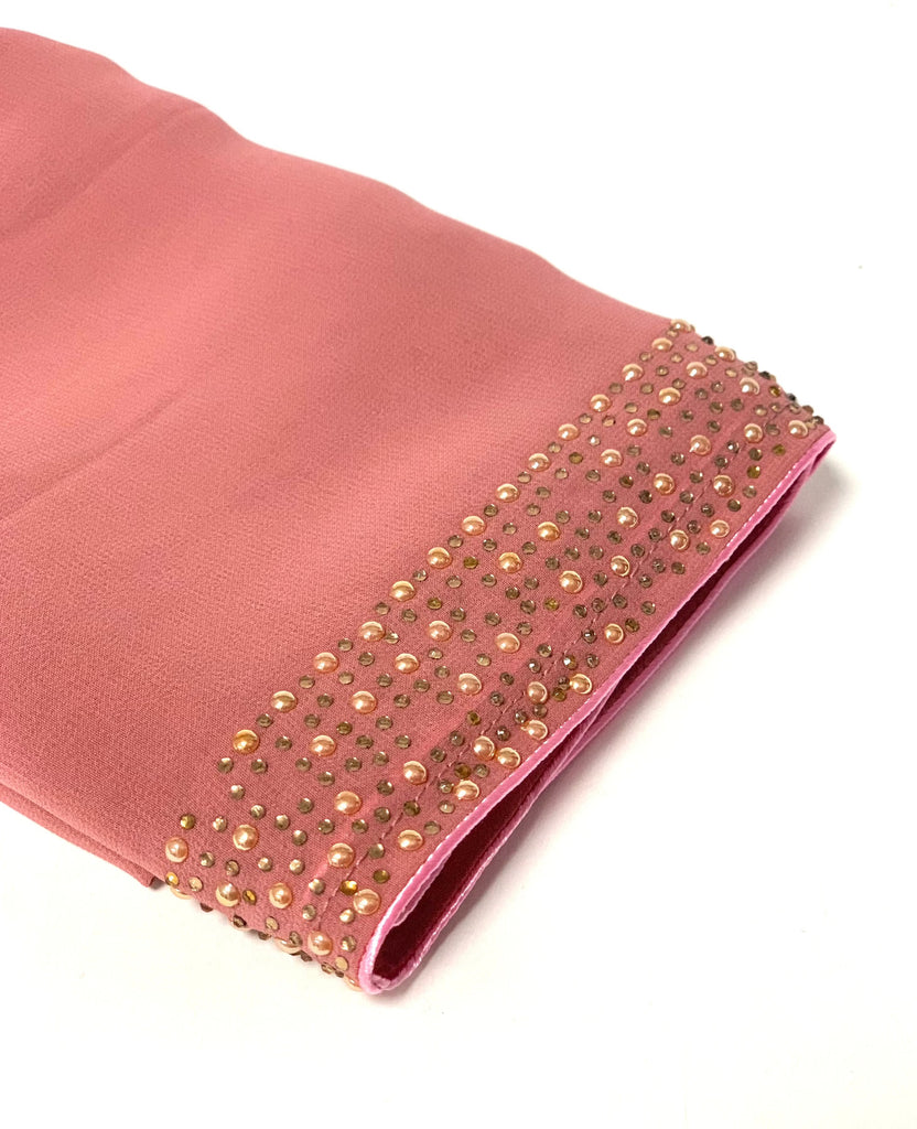 Luxury Blush Chiffon Closed Abaya with Golden Pearl & Diamante Cape