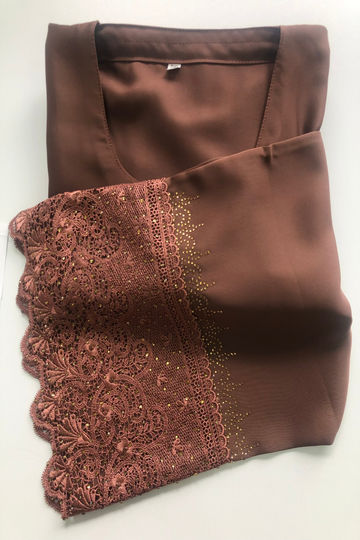 Brown Flower Lace Diamante Sleeve work Closed Abaya