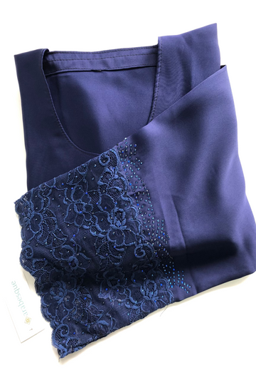 Navy Flower Lace Diamante Sleeve work Closed Abaya