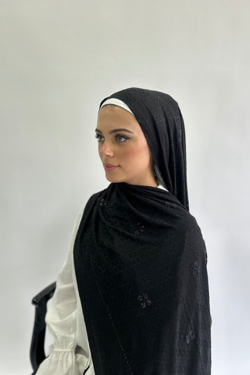 Black Stone Work Jersey Kashkha hijab - Pattern 1