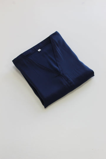 Navy Ripple Satin Polyester Open Abaya with Pocket