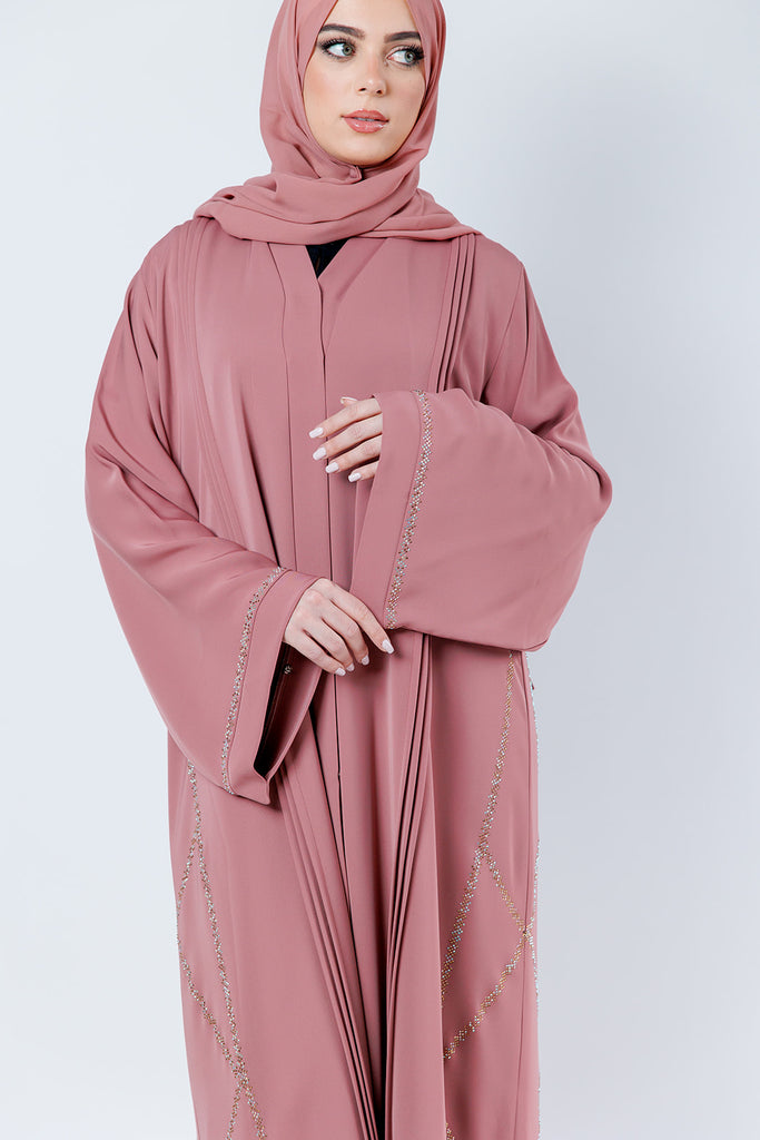 Blush Open Abaya – Luxury Nidha with Gold & Silver Diamante Embellishment and Pleated Detailing