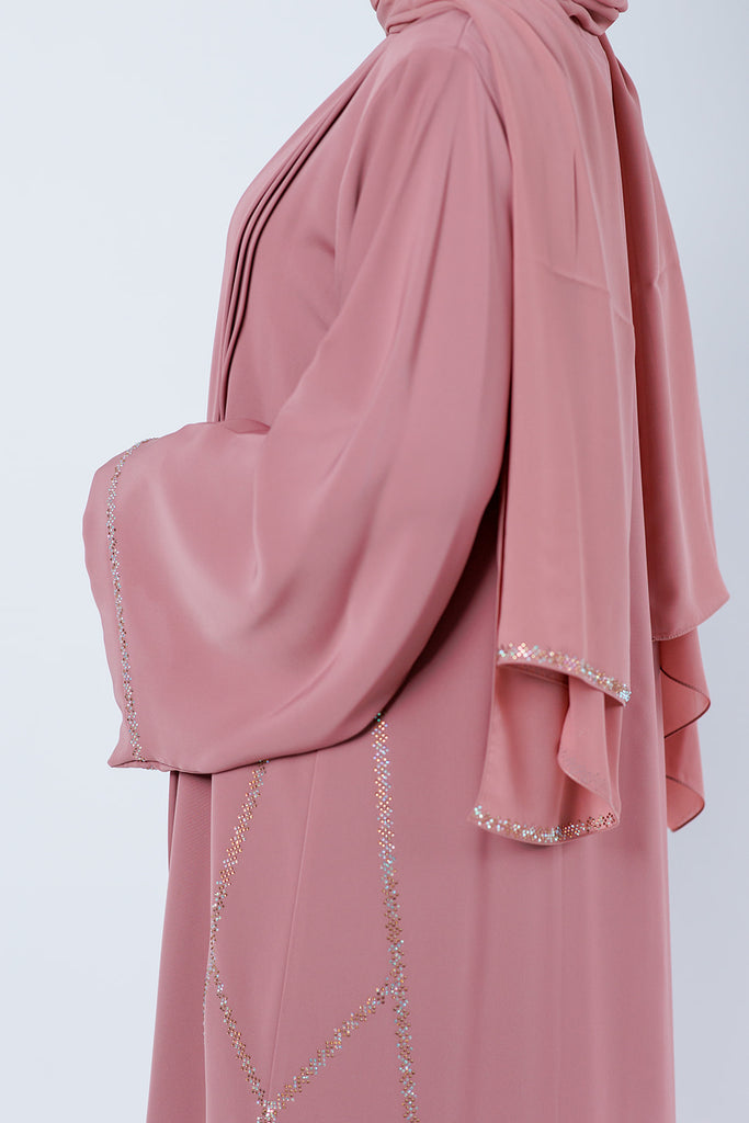 Blush Open Abaya – Luxury Nidha with Gold & Silver Diamante Embellishment and Pleated Detailing