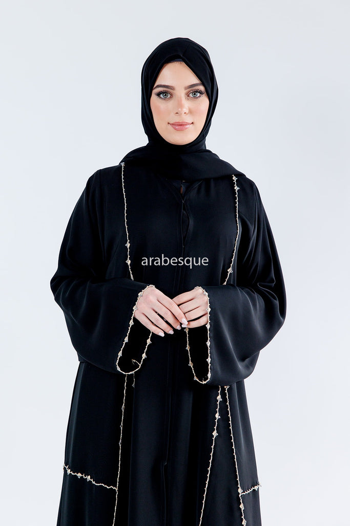 Black Open Abaya – Luxury Golden Rhinestone Embellished Design