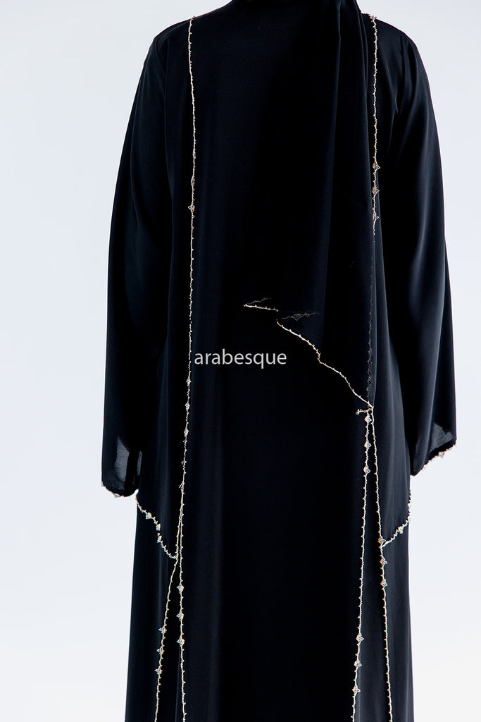 Black Open Abaya – Luxury Golden Rhinestone Embellished Design