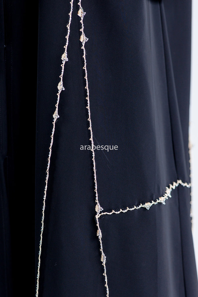 Black Open Abaya – Luxury Golden Rhinestone Embellished Design