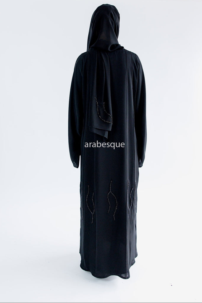 Black Open Abaya – Luxury Threaded Beadwork Detailing