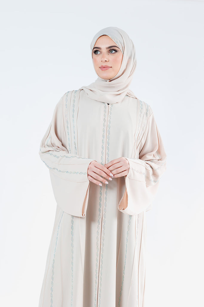 Cream Open Abaya – Luxury Nida Fabric with Helix Diamante Detailing