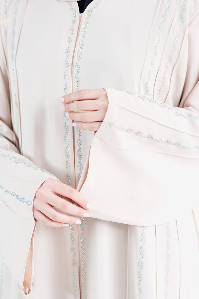 Cream Open Abaya – Luxury Nida Fabric with Helix Diamante Detailing