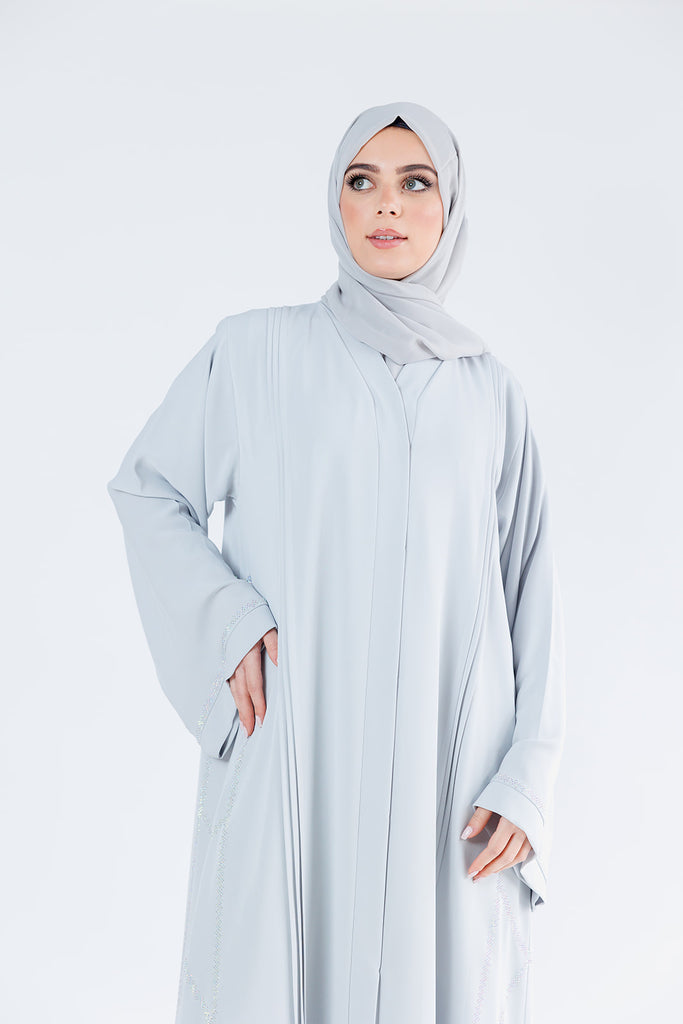 Grey Open Abaya – Luxury Nidha with Silver Diamante Embellishment and Pleated Detailing