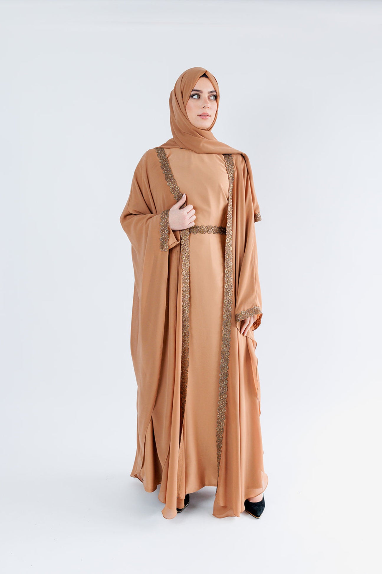Light Brown Luxury Embellished Closed Abaya with Chiffon Cape