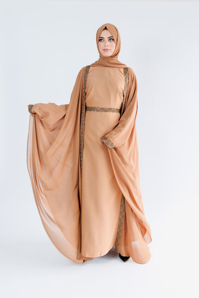 Light Brown Closed Abaya – Luxury Chiffon Cape with Gold Lace and Diamante Embellishment