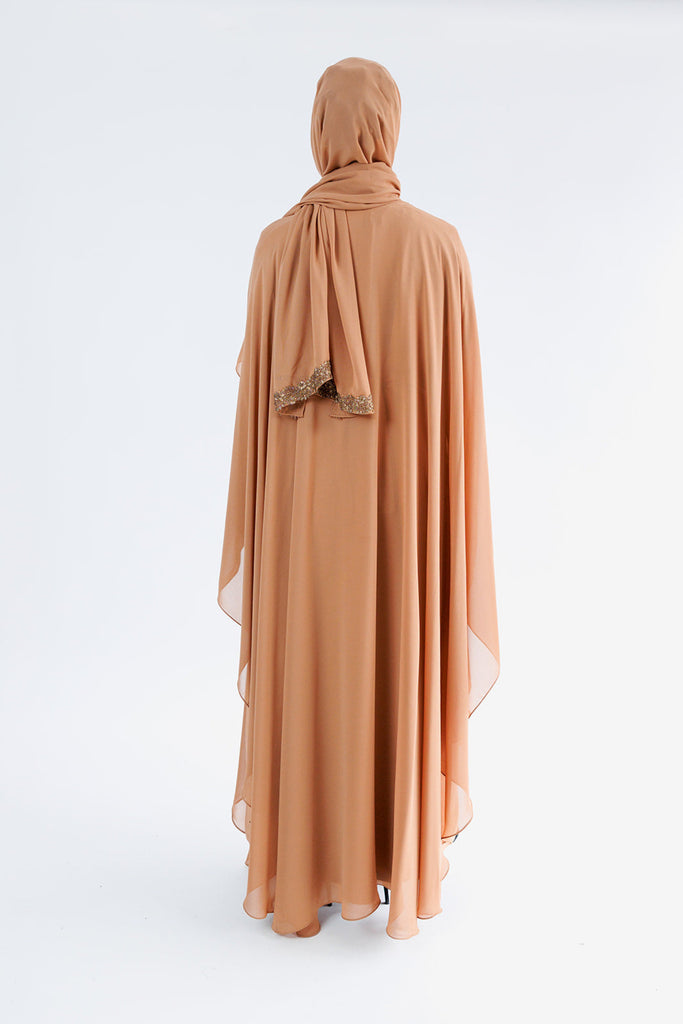 Light Brown Closed Abaya – Luxury Chiffon Cape with Gold Lace and Diamante Embellishment