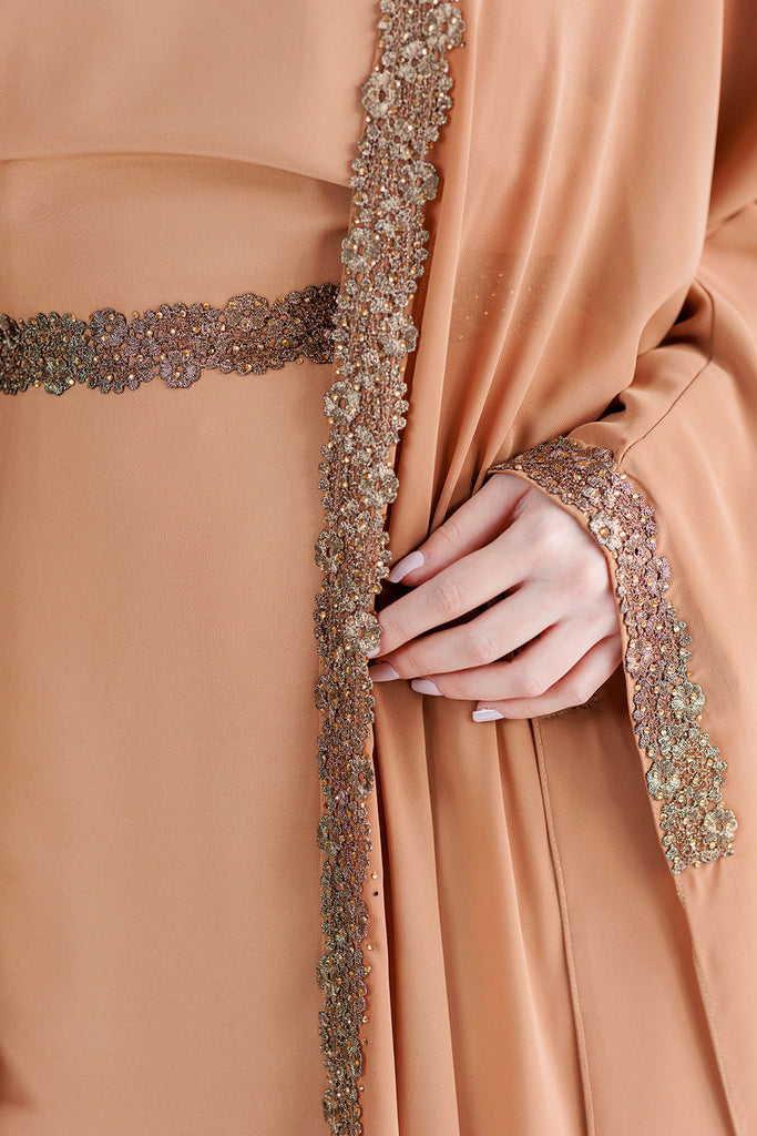 Light Brown Closed Abaya – Luxury Chiffon Cape with Gold Lace and Diamante Embellishment