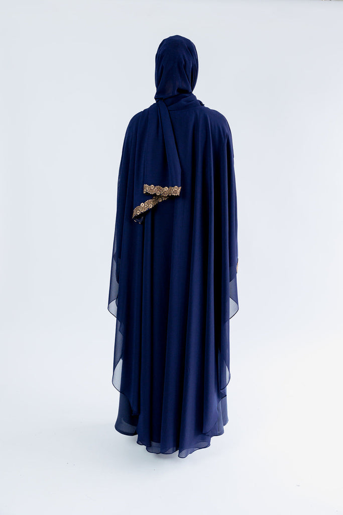 Navy Closed Abaya – Luxury Chiffon Cape Design with Gold Lace and Diamante Embellishment