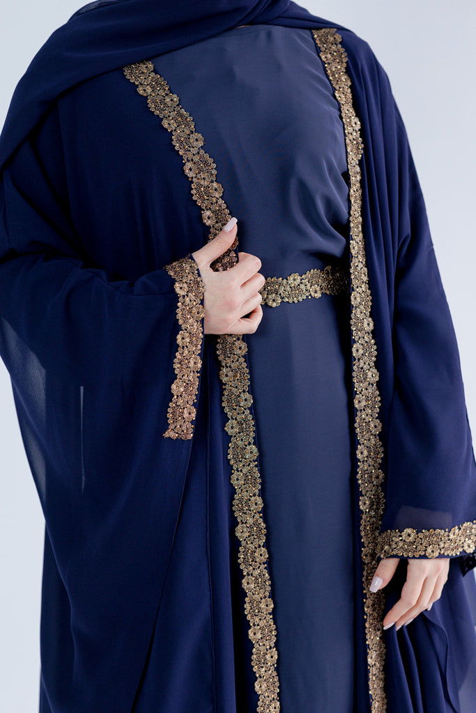 Navy Closed Abaya – Luxury Chiffon Cape Design with Gold Lace and Diamante Embellishment