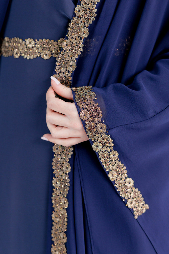 Navy Closed Abaya – Luxury Chiffon Cape Design with Gold Lace and Diamante Embellishment
