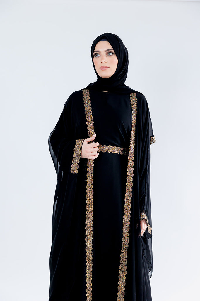 Black Closed Abaya – Luxury Chiffon Cape Design with Gold Lace and Diamante Embellishment