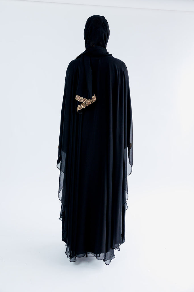 Black Closed Abaya – Luxury Chiffon Cape Design with Gold Lace and Diamante Embellishment