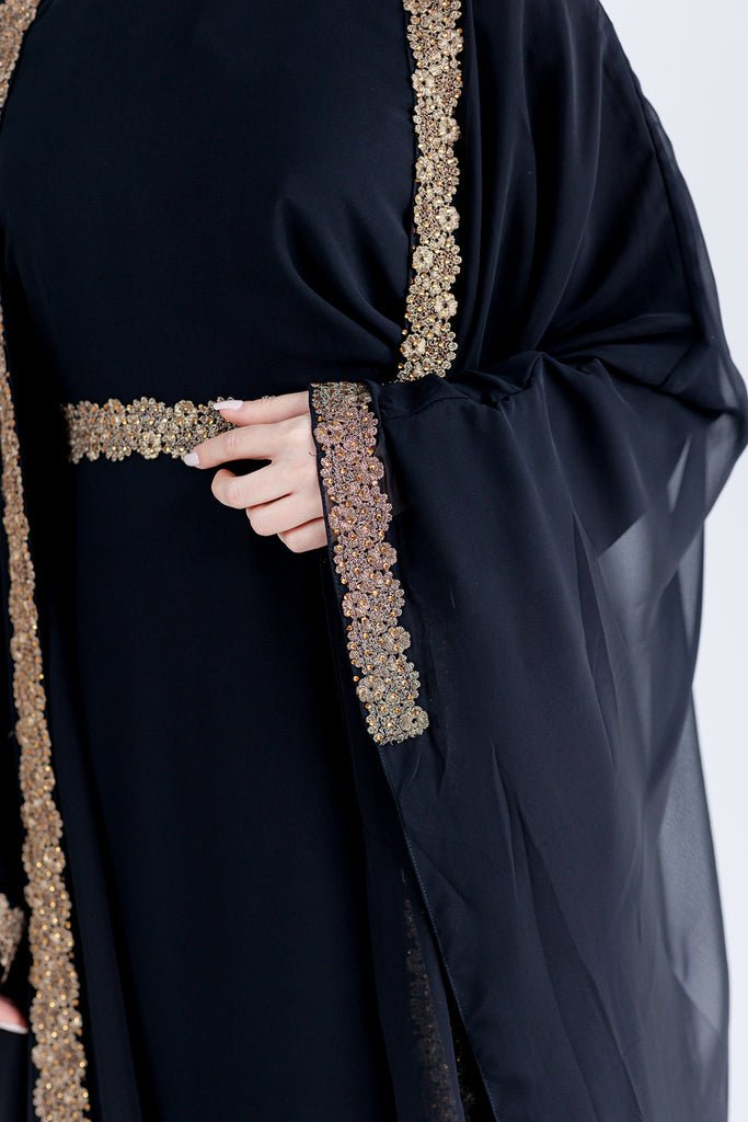 Black Closed Abaya – Luxury Chiffon Cape Design with Gold Lace and Diamante Embellishment