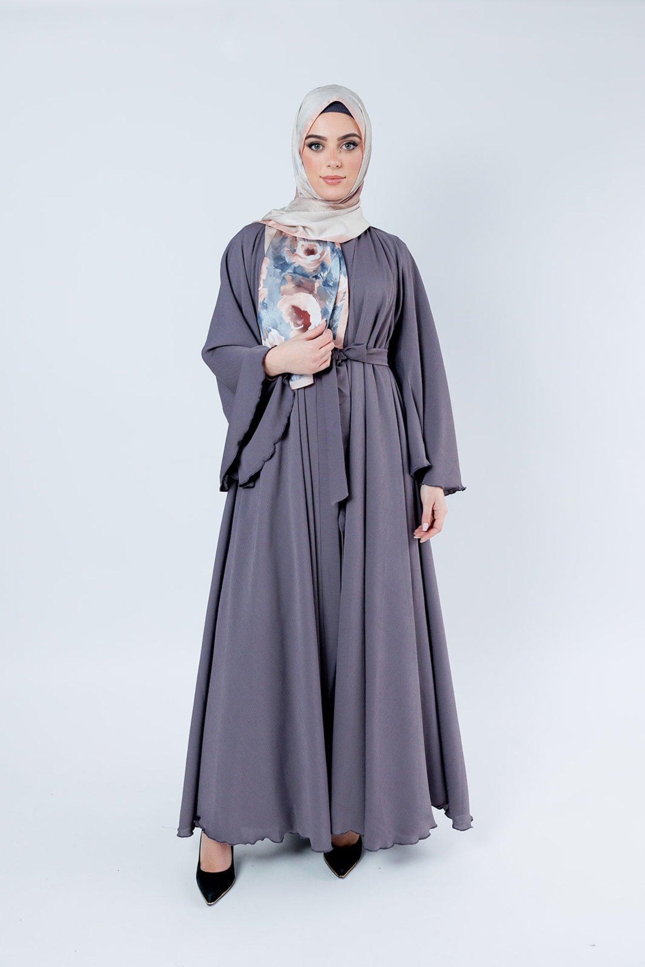 Dark Mauve Plain Textured Umbrella Open Abaya