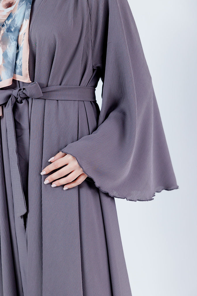 Dark Mauve Open Abaya – Umbrella Design, Plain Textured Finish with Belt