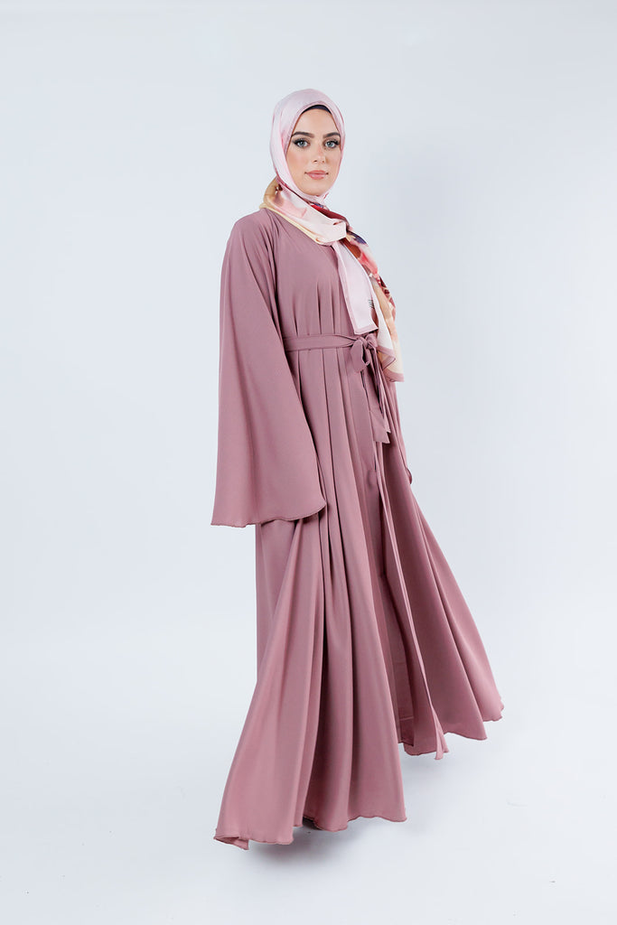 Mauve Umbrella Open Abaya – Plain Textured Finish with Belt