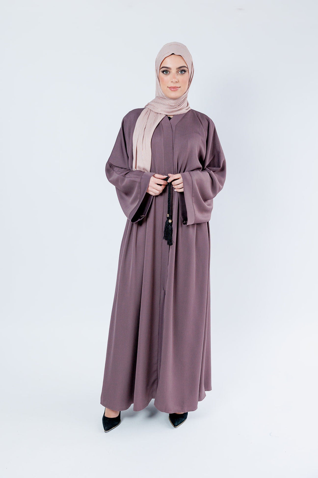 Dark Mauve Plain Textured Open Draw string Abaya