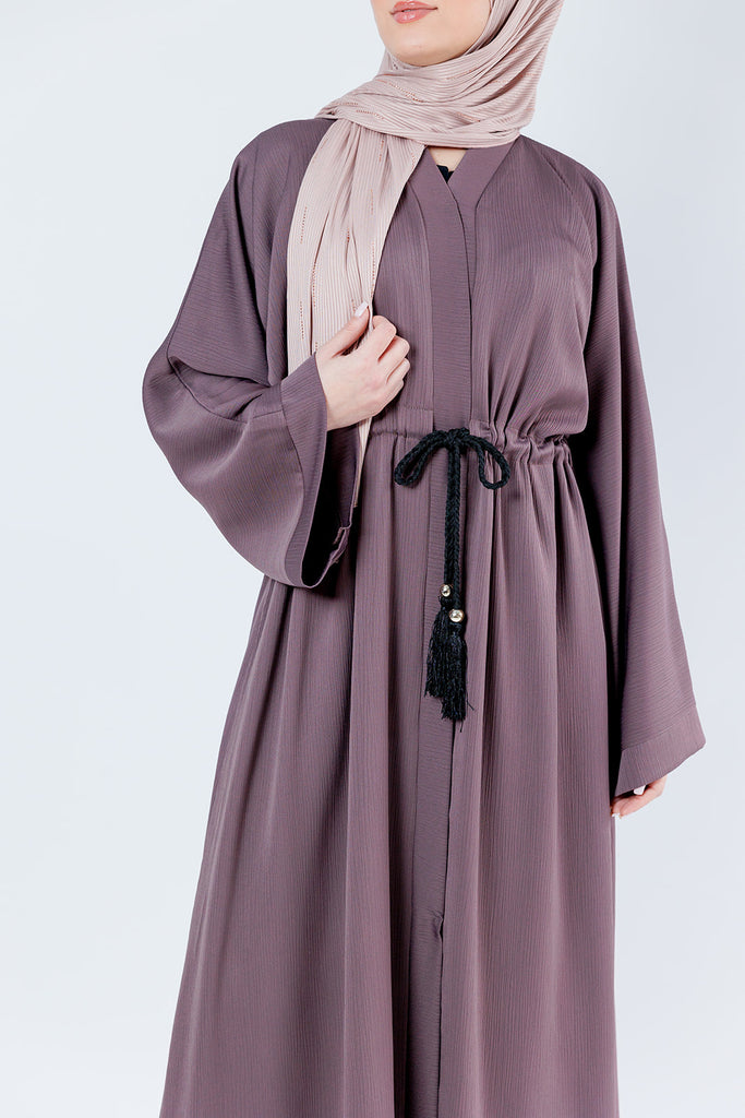 Dark Mauve Open Abaya – Plain Design, Drawstring Waist with Textured Finish