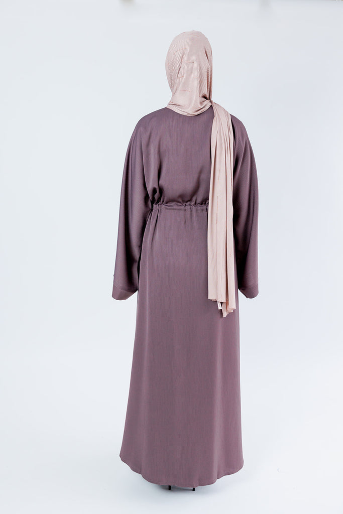 Dark Mauve Open Abaya – Plain Design, Drawstring Waist with Textured Finish