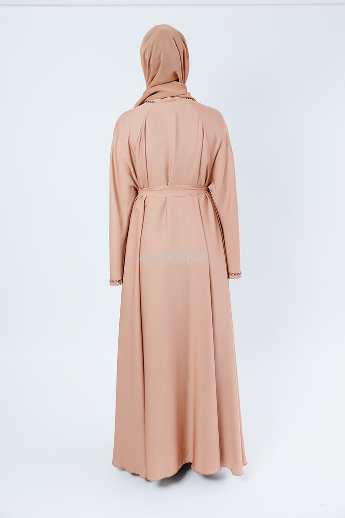 Taupe Open Abaya – Embellished Umbrella Cut with Flared Sleeves