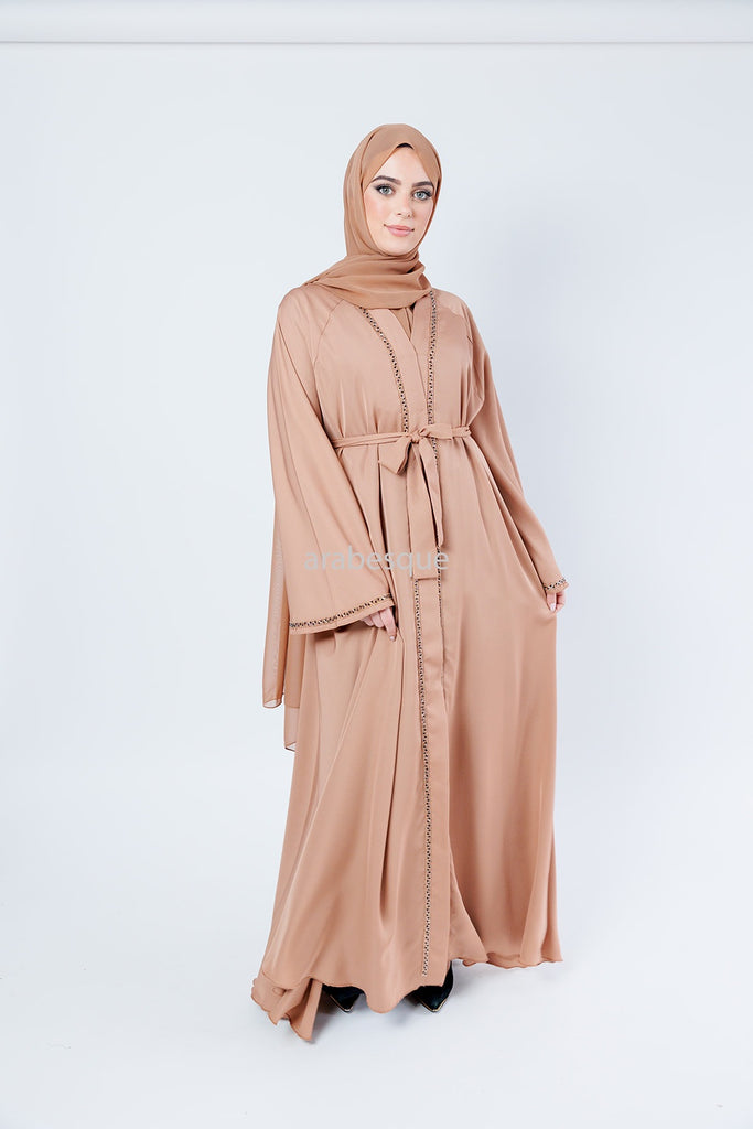 Taupe Open Abaya – Embellished Umbrella Cut with Flared Sleeves