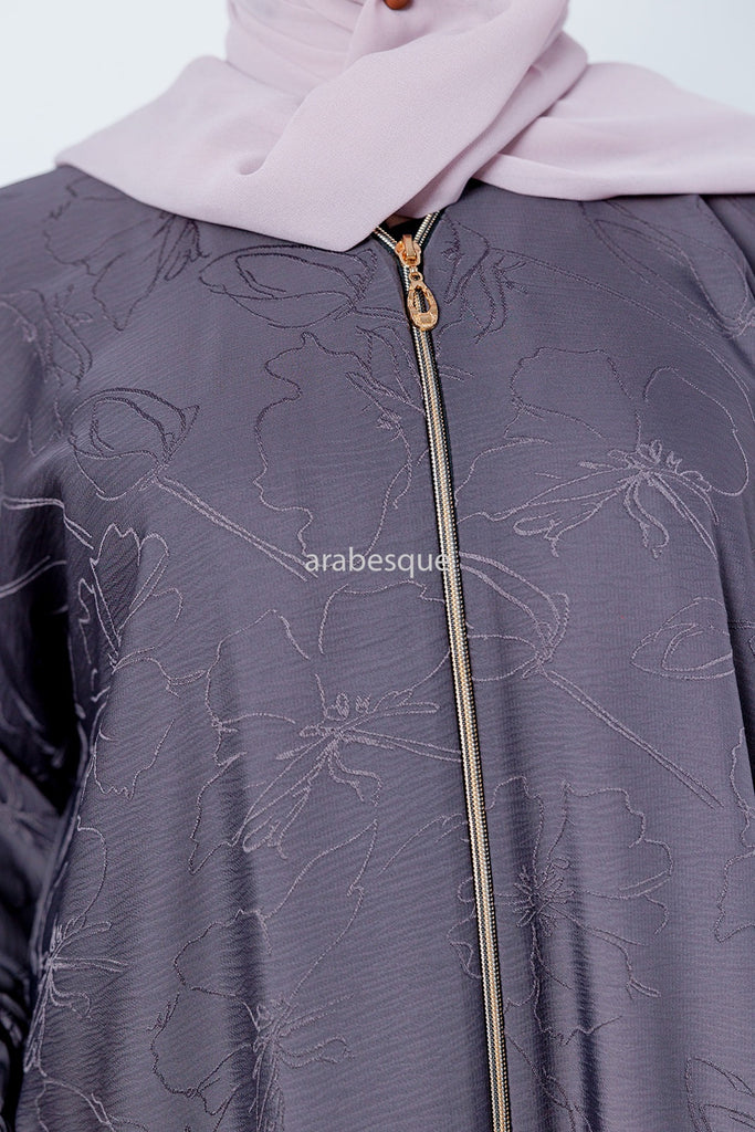 Mauve Zip Front Abaya – Floral Pattern Design
