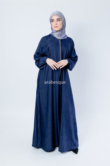 Navy Floral Pattern Zip-Front Abaya