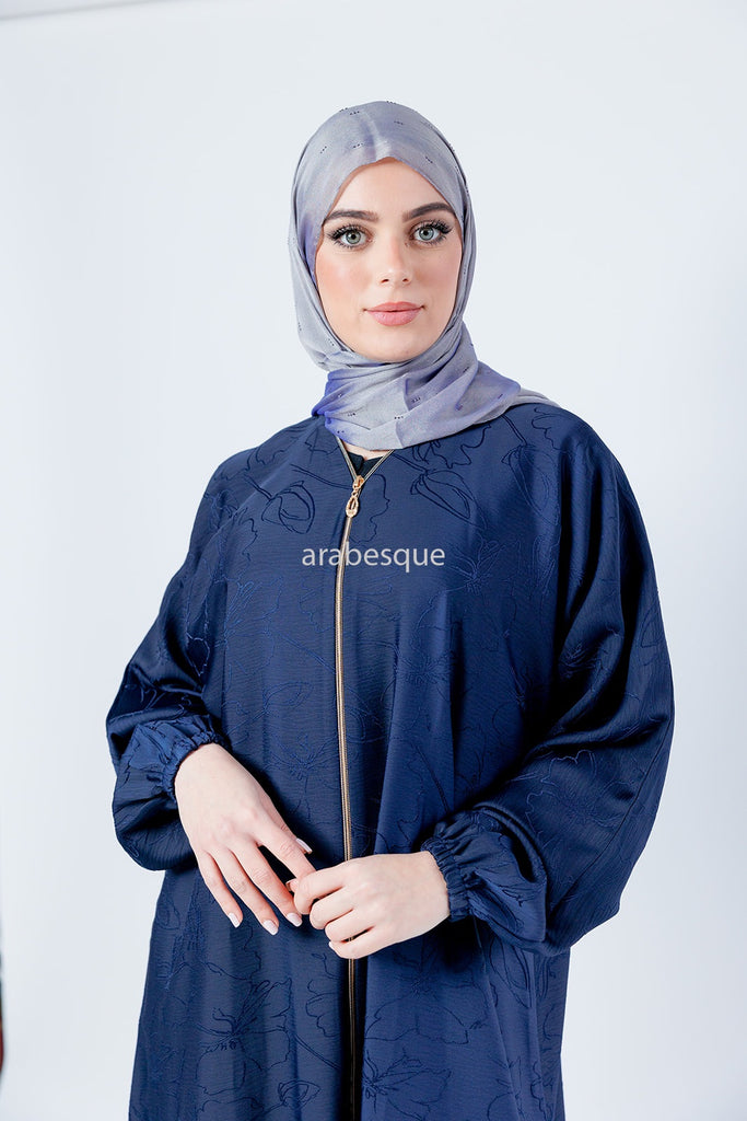 Navy Black Zip Front Abaya – Floral Pattern Design
