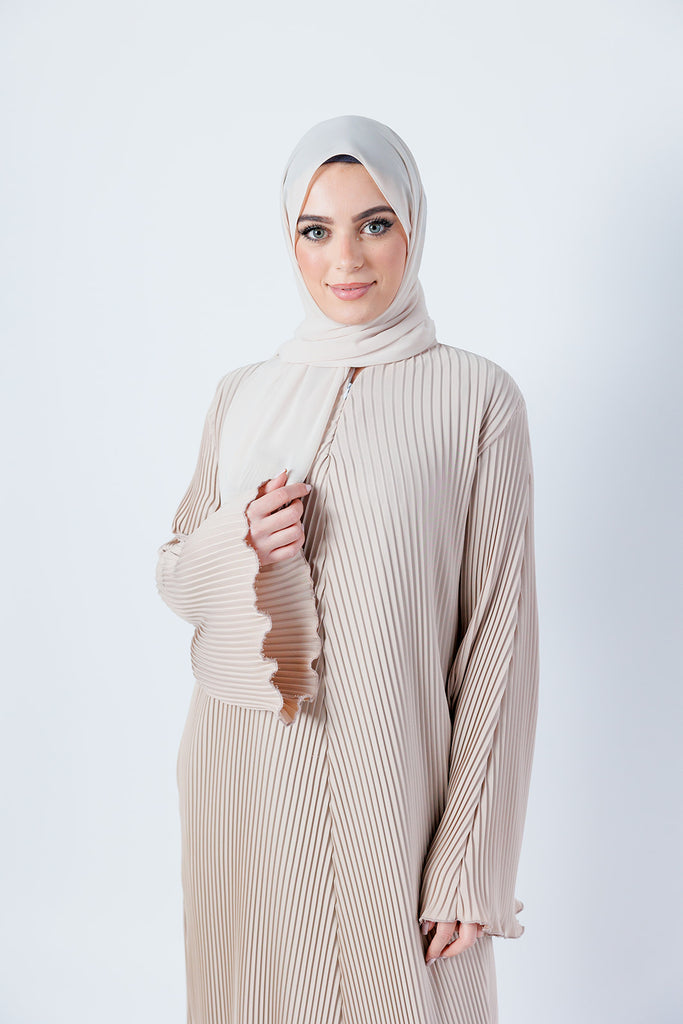 Beige Closed Abaya – Plain Pleated Design