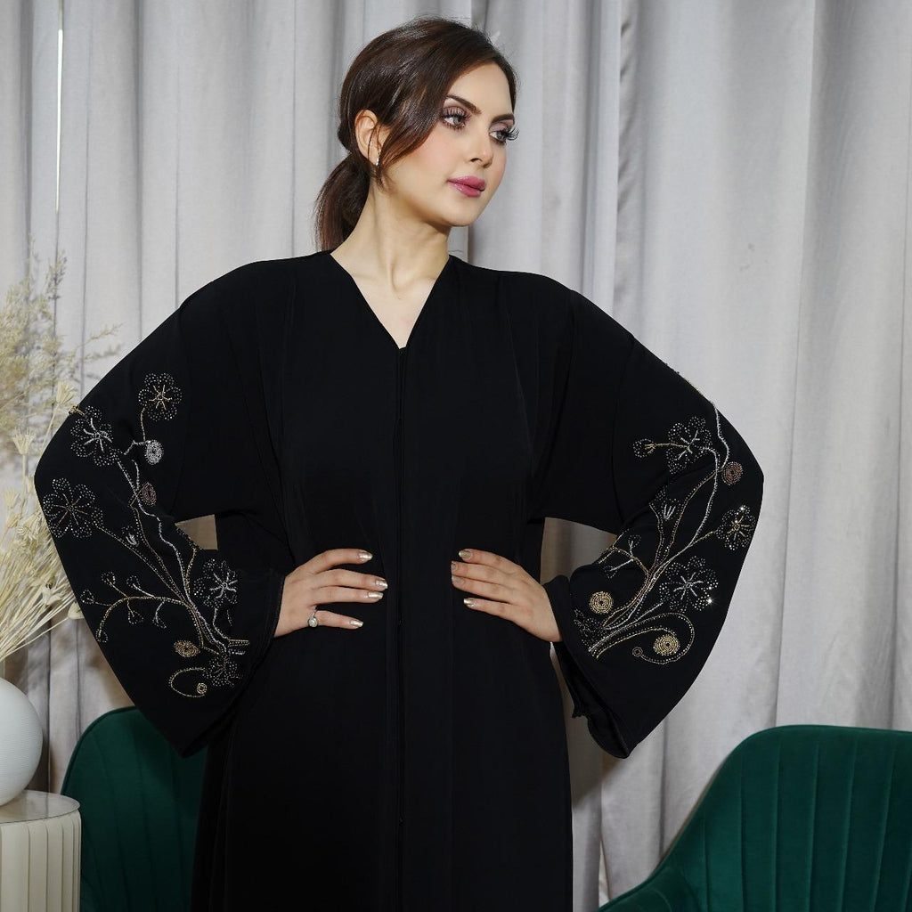 Black Open Abaya – Luxury Diamanté Floral Bloom Design